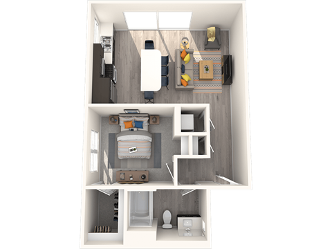 A 3D rendered image of a small apartment layout.